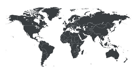 A detailed world map showcases all continents in a dark gray color with precise country borders set against a clean, transparent background.