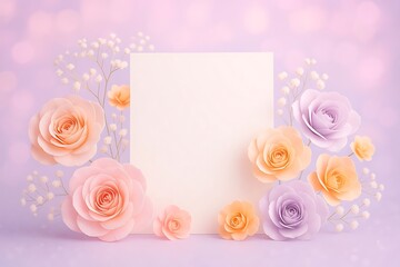 pink roses with blank card isolated on purple background