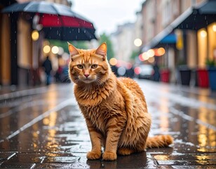 Ginger cat in a rainy city street (1)