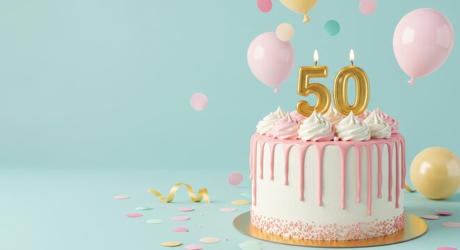 50th birthday cake. Celebrating Fifty Birthday Cake with Balloons and Candles