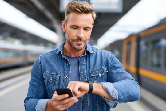 Businessman using smartwatch and smartphone at train station - Powered by Adobe