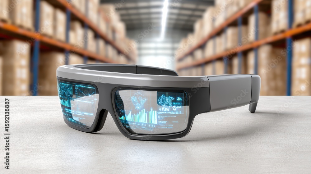 Poster smart augmented reality glasses displaying data overlays, placed on a table in a large warehouse fil