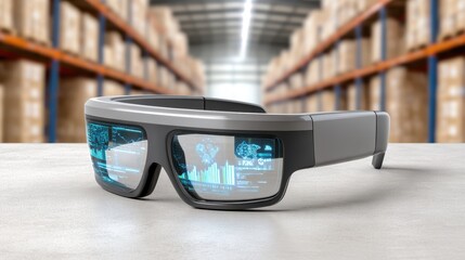 Smart augmented reality glasses displaying data overlays, placed on a table in a large warehouse filled with stacked boxes.