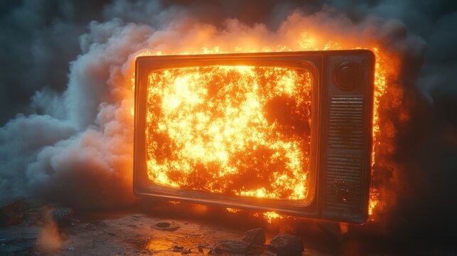 Burning vintage TV in smoky darkness