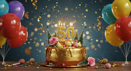 50th birthday cake. Celebrating Fifty Birthday with Cake and Balloons