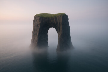 Misty seascape with natural arch rock formation and grassy top