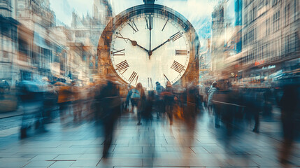 A clock face layered with blurred imagery of rushing workers, visualizing the relentless pace of modern life.