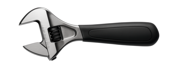 Adjustable wrench with a wide jaw opening for plumbing repairs.