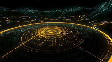 Circular, glowing, technological interface.  Complex patterns and lines, with a dark background and bright accents