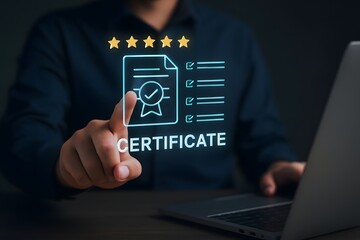 Person touching a digital certificate with stars and checkmarks