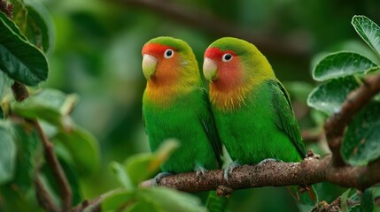 Pair of Lovebirds in Harmony: Two vibrantly colored lovebirds perch gracefully on a leafy branch, their captivating presence against a backdrop of lush greenery and natural light, embodying peace.