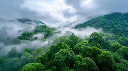 Mystical cloud forest with white fog drifting between dense green treetops, pristine rainforest canopy, ethereal mist, dramatic natural lighting, untouched wilderness, Amazon jungle atmosphere,
jungle