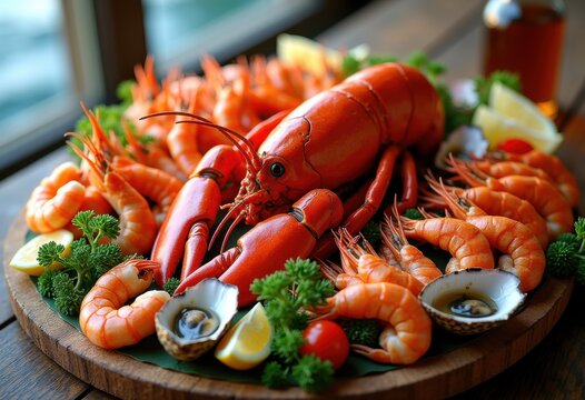 vibrantly colored seafood platter ice fresh shrimps oysters crabs clams lobster abundance colors culinary delight, shellfish, appetizer, feast, delicacy