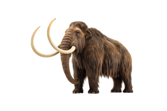 Woolly mammoth with long brown fur and large curved ivory tusks standing in profile, isolated on a transparent background