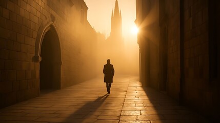 Solitary Figure Walking In Serene Early Morning Alleyway