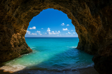 Tropical ocean view from inside a rocky sea cave