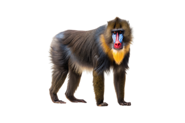 Mandrill primate with colorful blue and red face markings and golden chest fur displayed, isolated on a transparent background