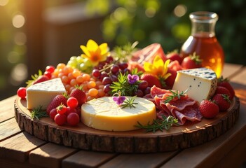 visually stunning cheese charcuterie display artfully arranged fresh ingredients vibrant colors, platter, board, meats, herbs, prosciutto, cheddar, brie