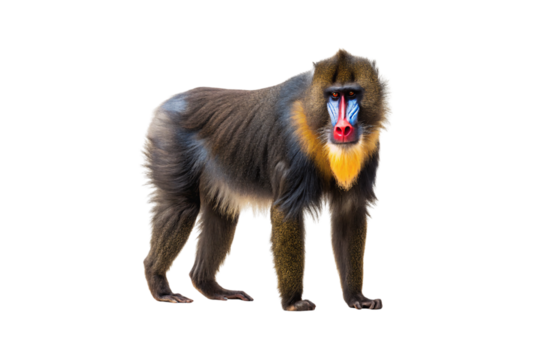 Mandrill primate with colorful blue and red face markings and golden chest fur displayed, isolated on a transparent background