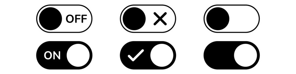 Switch buttons. On and Off toggle switch icons. Switch to Day and Night mode buttons. Slider interface button. Mobile app switch buttons, interface elements