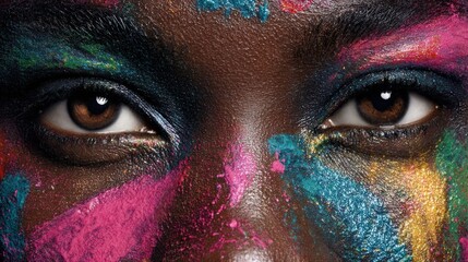 Close-up of colorful face paint on a person's eyes and face