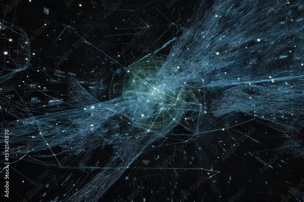 Poster sci-fi digital universe backdrop showing ai advancements, encrypted communications, and neural tech.