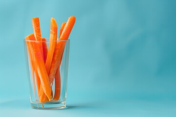 A crisp and simple design is created by the bright orange carrot sticks in a clear glass set against a gentle blue backdrop, Generative AI.