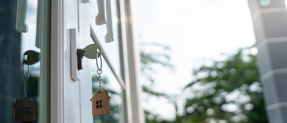 Landlord key for unlocking house is plugged into the door. Second hand house for rent and sale....
