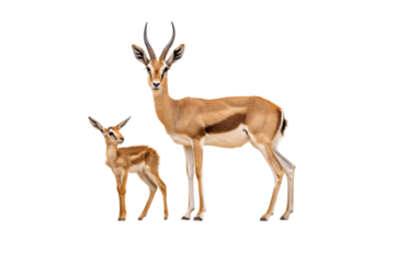 Mother gazelle with curved black horns positioned beside young spotted calf in tender family wildlife scene, isolated on a transparent background