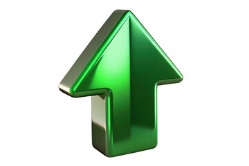 Shiny green 3d arrow pointing upwards isolated on transparent background