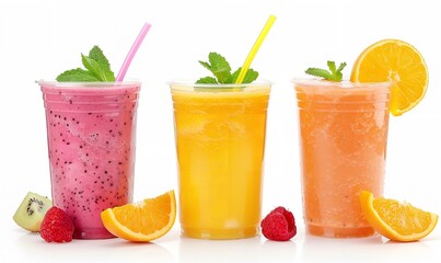 A cup with a set of fruit smoothies, orange juice, and straws, isolated on white, Generative AI.