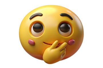 Fototapeta premium Thoughtful yellow emoji with hand on chin isolated on transparent background