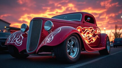 Classic red hot rod at sunset