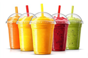 A cup with a set of fruit smoothies, orange juice, and straws, isolated on white, Generative AI.