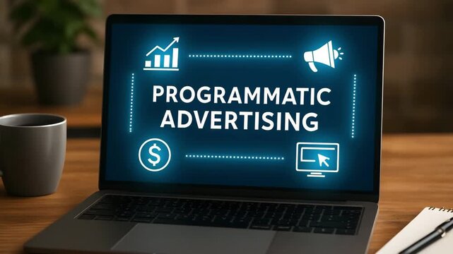 A close-up shot of a laptop displaying Programmatic Advertising along with icons representing growth, media, and investment