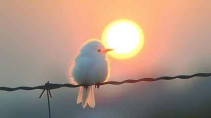 A Fluffy White Bird at Dawn Perched on a Wire, Generative AI.