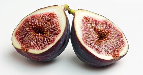 A fresh fig split in half, with its seedy, colorful interior displayed against a stark white backdrop, Generative AI.