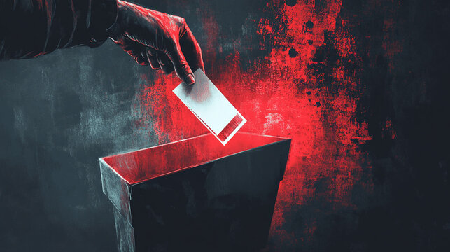 A hand holding a ballot box merged with fake news and manipulated algorithms, highlighting election interference