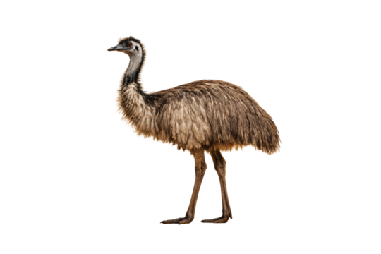 Emu bird with darker plumage and alert posture displays its impressive height and feathered body, isolated on a transparent background