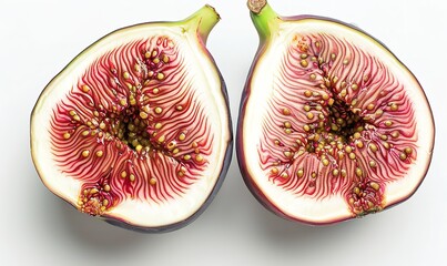 A fresh fig split in half, with its seedy, colorful interior displayed against a stark white backdrop, Generative AI.