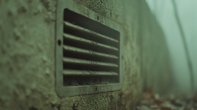 Rustic Vent in Concrete Wall: A close-up view of a weathered air vent in a textured wall, evoking an atmosphere of age and decay.