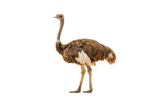 Common ostrich with brown and white plumage extends long neck while standing on powerful yellow legs, isolated on a transparent background