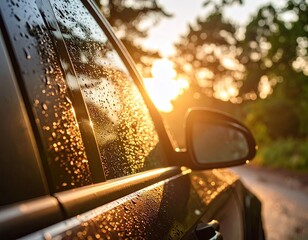 Car window with water droplets at sunset