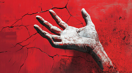 A hand reaching out, blended with cracked earth and famine imagery, symbolizing humanitarian aid needs.