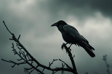 A gloomy, overcast sky is accompanied by a black crow perched on a bare branch, Generative AI.
