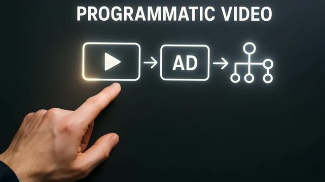 A hand traces icons from play to ad to network in a glowing programmatic video flow. Concept of automated media buying and precise targeting.

