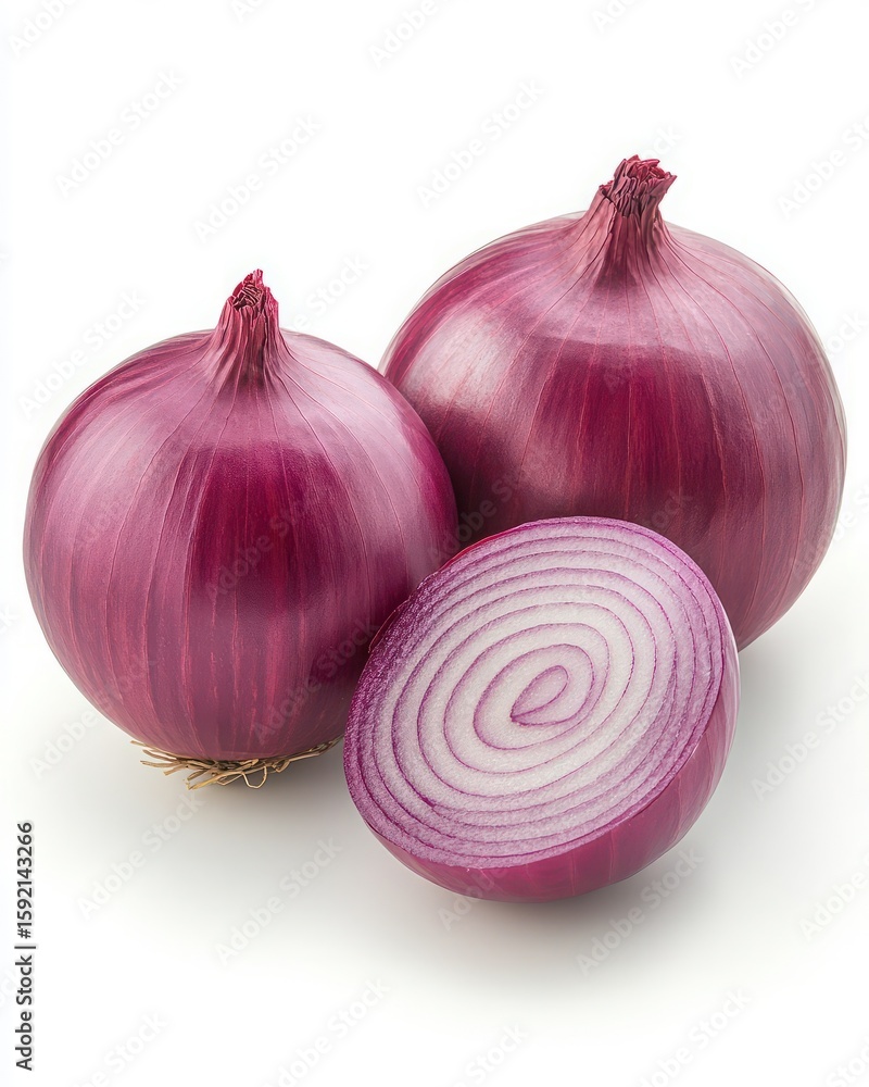 Poster fresh red onions with sliced cross-section revealing beautiful pattern and vibrant color suitable fo