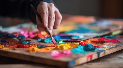 Fototapeta premium A hand mixes colorful paints on a palette.