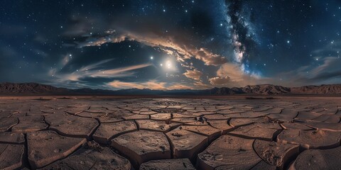 A landscape of cracked, parched dirt with a full moon and a starry night sky, surrounded by sporadic clouds and far-off mountains, Generative AI.