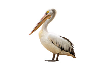 White pelican with yellow eyes and large orange pouch beak positioned at three-quarter angle, isolated on a transparent background